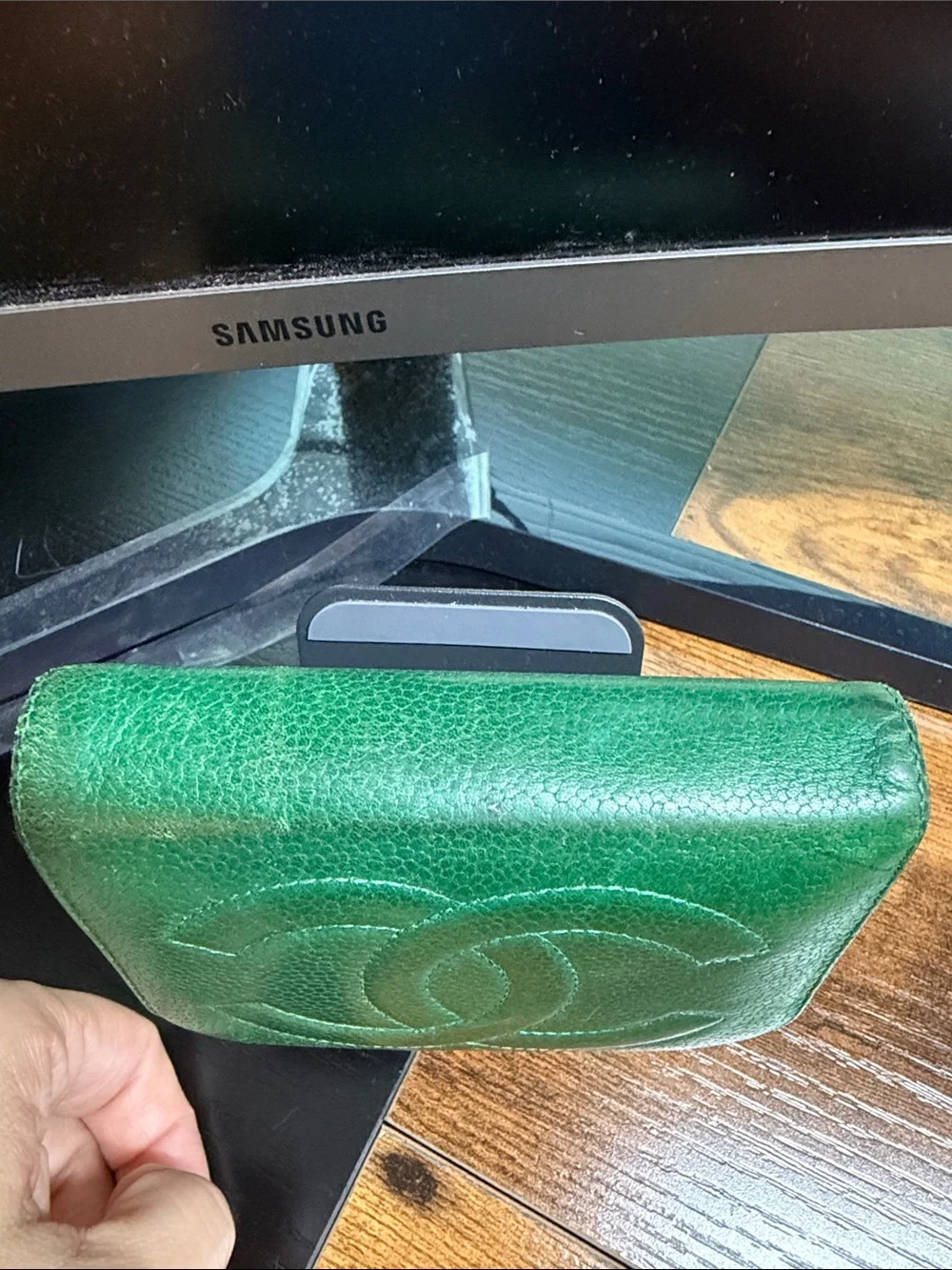 CHANEL Green Quilted CC Leather Wallet